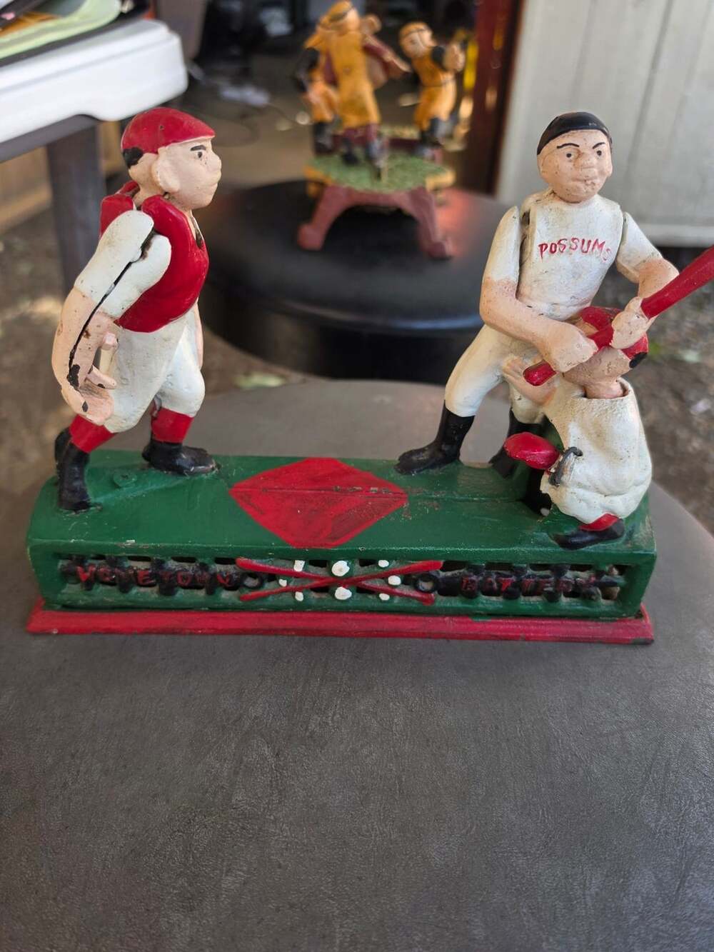 Vintage Cast Iron Mechanical Bank Hometown Battery Baseball